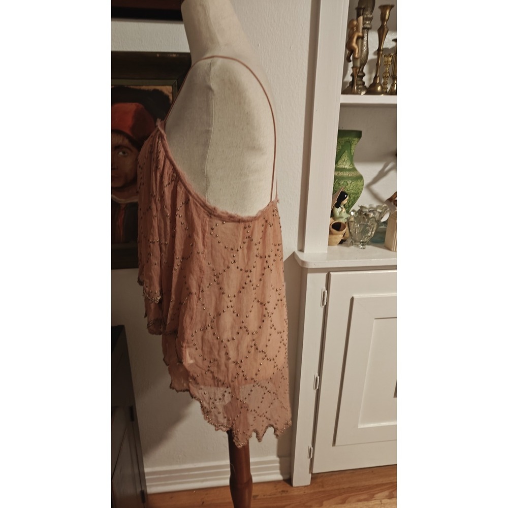 Free People Fairy dust Tank Top Beaded Gauzy Sz Med Pink - Picture 9 of 10